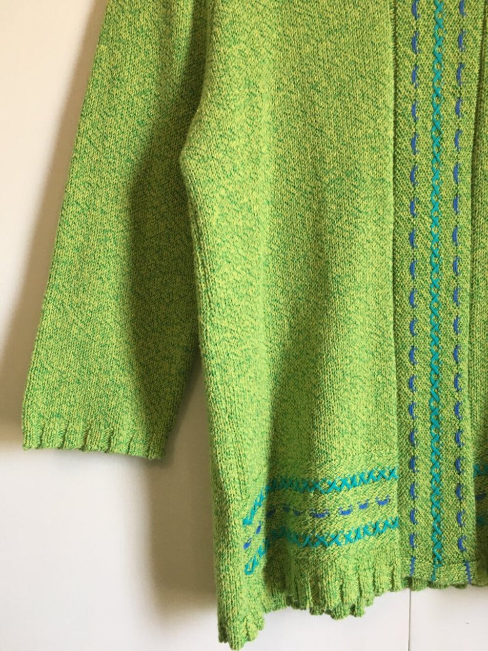 Vintage 90s Parkhurst Lime Green Knit Stitchwork Cotton Blend Sweater L - Picture 5 of 16